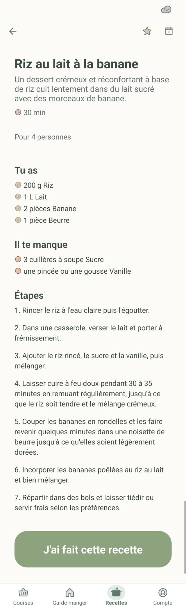 Détail d'une recette : ingrédients disponibles, ingrédients manquants et étapes