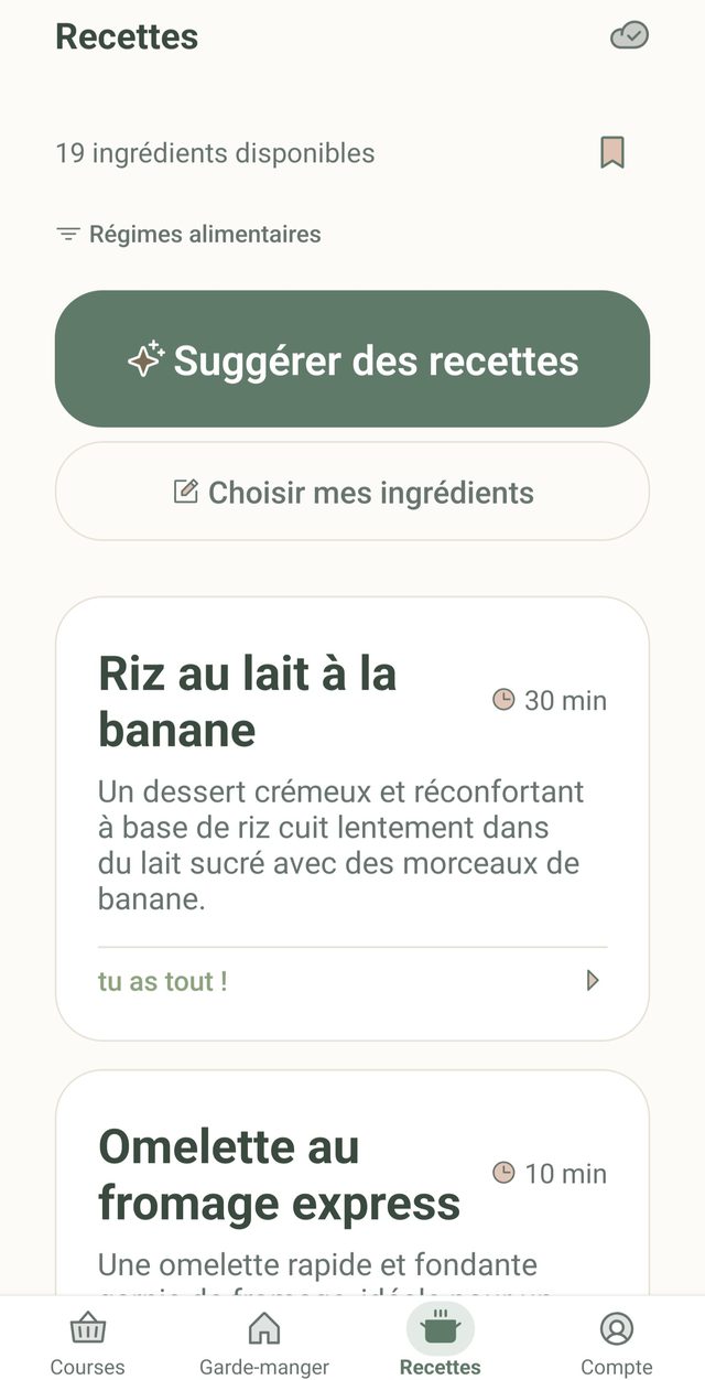 Suggestions de recettes selon les ingrédients disponibles
